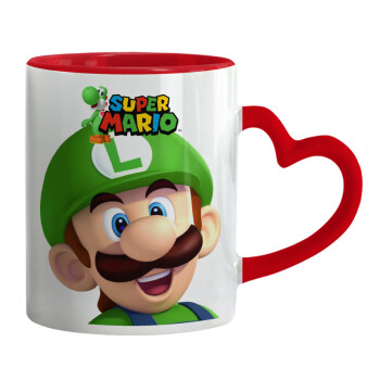 Super mario Luigi, Κούπα καρδιά χερούλι κόκκινη, κεραμική, 330ml