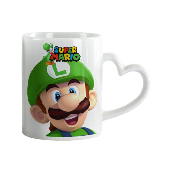 Super mario Luigi, Κούπα καρδιά χερούλι λευκή, κεραμική, 330ml