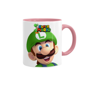 Super mario Luigi, Κούπα χρωματιστή ροζ, κεραμική, 330ml