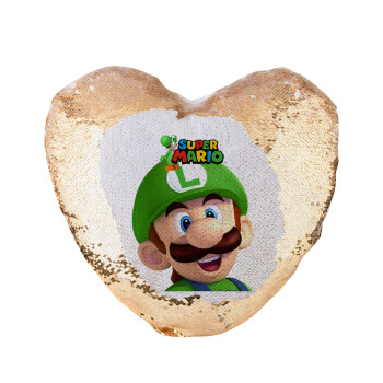 Super mario Luigi, Μαξιλάρι καναπέ καρδιά Μαγικό Χρυσό με πούλιες 40x40cm περιέχεται το  γέμισμα