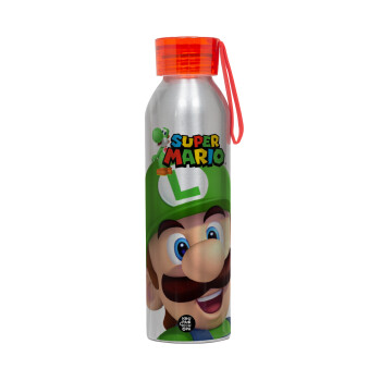 Super mario Luigi, Αλουμινένιο Αθλητικό Μπουκάλι 650ml – Ασημί με Κόκκινο Καπάκι και Λουράκι Σιλικόνης