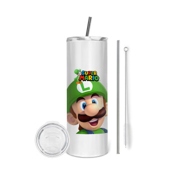 Super mario Luigi, Eco friendly ποτήρι θερμό (tumbler) από ανοξείδωτο ατσάλι 600ml, με μεταλλικό καλαμάκι & βούρτσα καθαρισμού