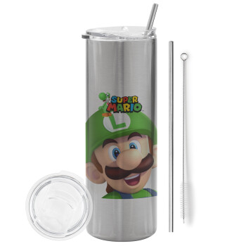Super mario Luigi, Tumbler stainless steel Silver 600ml, with metal straw & cleaning brush