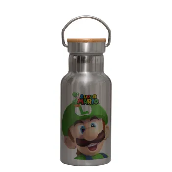 Super mario Luigi, Μεταλλικό παγούρι θερμός (Stainless steel) Ασημένιο με ξύλινο καπακι (bamboo), διπλού τοιχώματος, 350ml