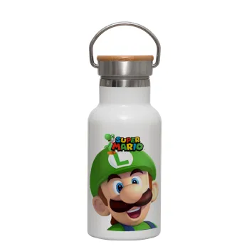 Super mario Luigi, Metallic thermos (Stainless steel) White with wooden lid (bamboo), double-walled, 350ml