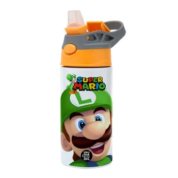 Super mario Luigi, Παιδικό παγούρι θερμό, ανοξείδωτο, με καλαμάκι ασφαλείας, Πορτοκαλί/Γκρι (360ml) BPA-FREE