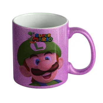 Super mario Luigi, Κούπα Μωβ Glitter που γυαλίζει, κεραμική, 330ml