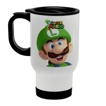 Super mario Luigi, Stainless steel travel mug with lid, double wall white 450ml