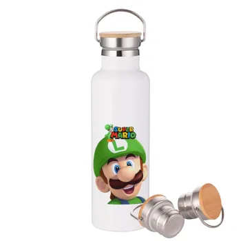 Super mario Luigi, Stainless steel White with wooden lid (bamboo), double wall, 750ml