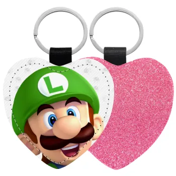 Super mario Luigi, Μπρελόκ PU δερμάτινο glitter καρδιά ΡΟΖ