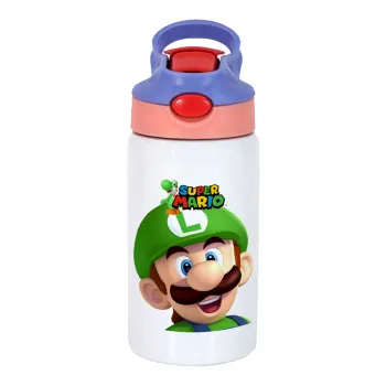 Super mario Luigi, Παιδικό παγούρι θερμό, ανοξείδωτο, με καλαμάκι ασφαλείας, ροζ/μωβ (350ml)