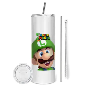 Super mario Luigi, Tumbler ποτήρι θερμό από ανοξείδωτο ατσάλι 600ml, με μεταλλικό καλαμάκι & βούρτσα καθαρισμού