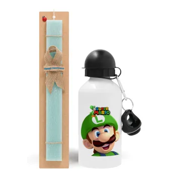 Super mario Luigi, Πασχαλινή Λαμπάδα με παγούρι μεταλλικό αλουμινίου (500ml) & λαμπάδα αρωματική πλακέ (30cm) (ΤΙΡΚΟΥΑΖ)