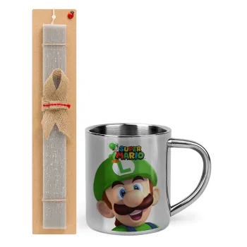 Super mario Luigi, Easter Set, metallic thermal cup (300ml) & Easter aromatic flat candle (30cm) (GRAY)
