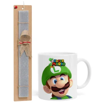 Super mario Luigi, Easter Set, Ceramic Cup (330ml) & Easter aromatic flat candle (30cm) (GRAY)