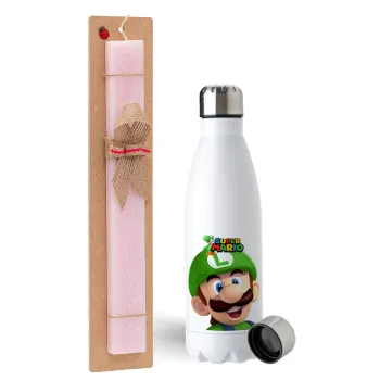 Super mario Luigi, Easter Set, metallic stainless steel water bottle (750ml) & scented flat Easter candle (30cm) (PINK)
