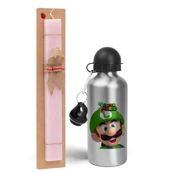 Super mario Luigi, Easter Set, metallic Silver aluminum water bottle (500ml) & scented flat Easter candle (30cm) (PINK)