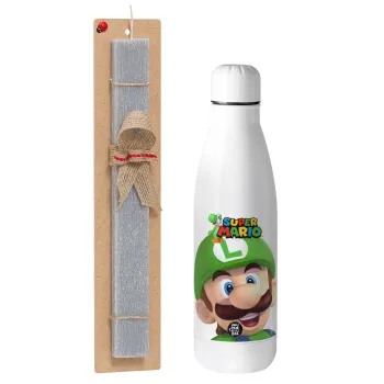 Super mario Luigi, Easter Set, metallic stainless thermos bottle (500ml) & scented flat Easter candle (30cm) (GRAY)