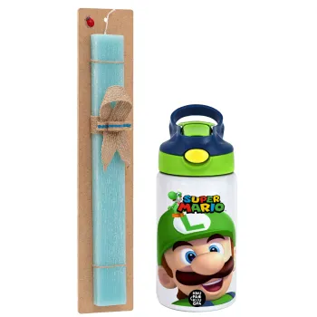 Super mario Luigi, Easter Set, Children's thermal stainless steel bottle with safety straw, green/blue (350ml) & aromatic flat Easter candle (30cm) (TURQUOISE)
