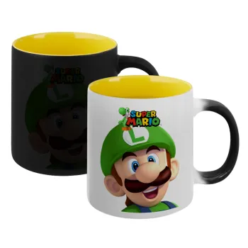 Super mario Luigi, Κούπα Μαγική εσωτερικό κίτρινη, κεραμική 330ml που αλλάζει χρώμα με το ζεστό ρόφημα