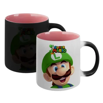 Super mario Luigi, Κούπα Μαγική εσωτερικό ΡΟΖ, κεραμική 330ml που αλλάζει χρώμα με το ζεστό ρόφημα