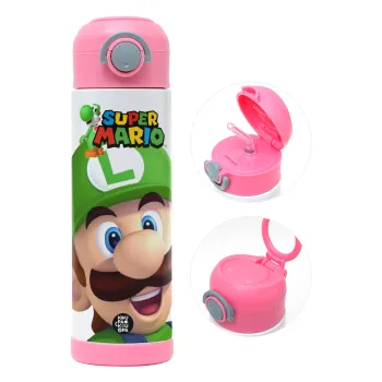 Super mario Luigi, Παιδικό παγούρι θερμό, ανοξείδωτο, με καλαμάκι ασφαλείας, ΡΟΖ (500ml)