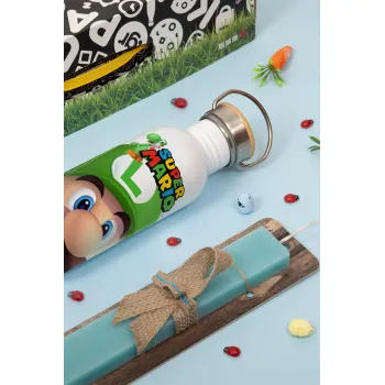 Super mario Luigi, Easter Set, metallic silver aluminum water bottle (500ml) & scented flat Easter candle (30cm) (TURQUOISE)