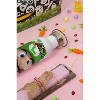 Super mario Luigi, Easter Set, SS Metallic water bottle (620ml, stainless steel) & scented flat Easter candle (30cm) (PINK)