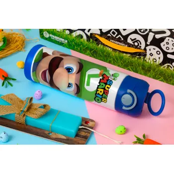 Super mario Luigi, Easter candle, Childrens hot water bottle, stainless steel, with safety straw, BLUE (500ml)