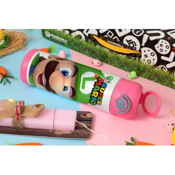 Super mario Luigi, Easter candle, Childrens hot water bottle, stainless steel, with safety straw, PINK (500ml)