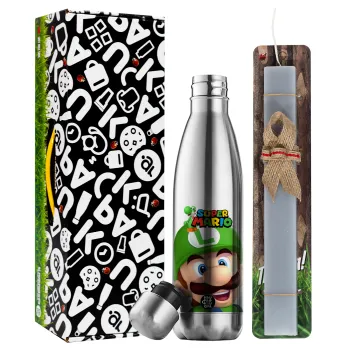Super mario Luigi, Easter Set, metallic stainless thermos flask (500ml) & scented flat Easter candle (30cm) (GRAY)