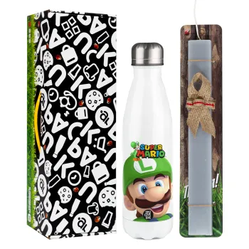 Super mario Luigi, Easter candle, metallic white thermos bottle (500ml) & aromatic flat candle (30cm) (GRAY)