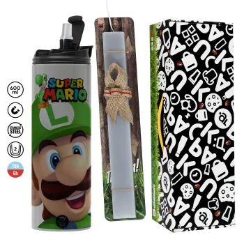 Super mario Luigi, Easter candle with Grey Tumbler Thermo 600ml & aromatic flat candle (30cm) (GREY)
