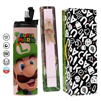 Super mario Luigi, Easter candle,Travel Tumbler 2 Lids, with metal straw & cleaning brush & aromatic flat candle (30cm) (PINK)