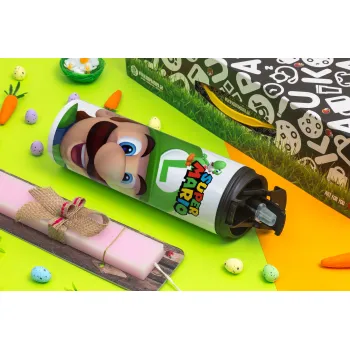 Super mario Luigi, Πασχαλινή Λαμπάδα με Travel Tumbler θερμό με διπλό καπάκι (600ml, BPA free) & κερί αρωματικό πλακέ (30cm) (ΡΟΖ)