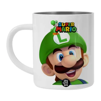 Super mario Luigi, Λευκή Ανοξείδωτη Μεταλλική Κούπα 450ml - Διπλού Τοιχώματος 