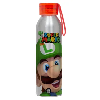 Super mario Luigi, Aluminum Sports Bottle 650ml – Silver with Red Cap and Silicone Strap