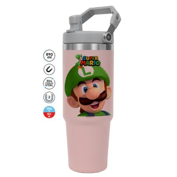 Super mario Luigi, ΡΟΖ χρώματος Θερμός Ανοξείδωτο 890ml (30oz) με χερούλι
