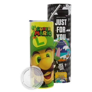 Super mario Luigi, Neon Yellow Travel Tumbler θερμό, μεταλλικό καλαμάκι(Ανωξείδωτο 304 Food grade, BPA free, 600ml)