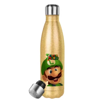 Super mario Luigi, Μεταλλικό παγούρι θερμός Glitter χρυσό (Stainless steel), διπλού τοιχώματος, 500ml