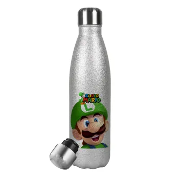 Super mario Luigi, Μεταλλικό παγούρι θερμός Glitter Aσημένιο (Stainless steel), διπλού τοιχώματος, 500ml