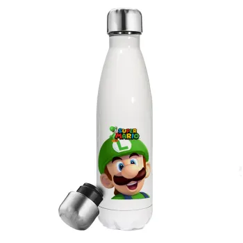 Super mario Luigi, Μεταλλικό παγούρι θερμός Λευκό (Stainless steel), διπλού τοιχώματος, 500ml