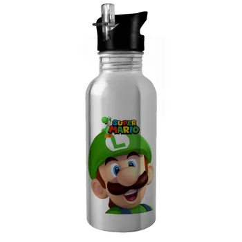 Super mario Luigi, Παγούρι νερού Ασημένιο με καλαμάκι, ανοξείδωτο ατσάλι 600ml