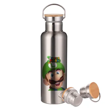 Super mario Luigi, Μεταλλικό παγούρι θερμός (Stainless steel) Ασημένιο με ξύλινο καπακι (bamboo), διπλού τοιχώματος, 750ml