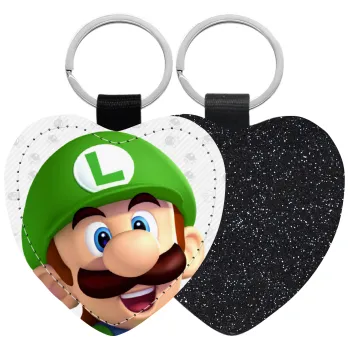 Super mario Luigi, Μπρελόκ PU δερμάτινο glitter καρδιά ΜΑΥΡΟ