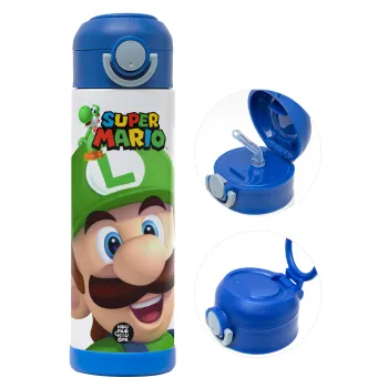Super mario Luigi, Παιδικό παγούρι θερμό, ανοξείδωτο, με καλαμάκι ασφαλείας, ΜΠΛΕ (500ml)