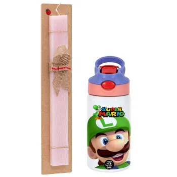 Super mario Luigi, Πασχαλινή Λαμπάδα με Παιδικό παγούρι θερμό, ανοξείδωτο, με καλαμάκι ασφαλείας, ροζ/μωβ (350ml) & κερί αρωματικό πλακέ (30cm) (ΡΟΖ)
