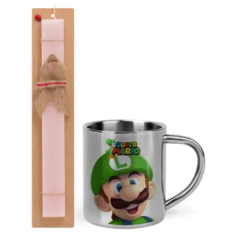Super mario Luigi, Πασχαλινή Λαμπάδα με μεταλλική κούπα θερμό (300ml) & κερί αρωματικό πλακέ (30cm) (ΡΟΖ)