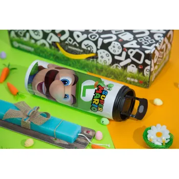 Super mario Luigi, Easter candle,Travel Tumbler 2 Lids, with metal straw & cleaning brush & aromatic flat candle (30cm) (BLUE)