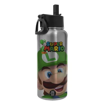 Super mario Luigi, Μεταλλικό παγούρι θερμός Silver με καλαμάκι και χερούλι (Stainless steel), διπλού τοιχώματος, 950ml